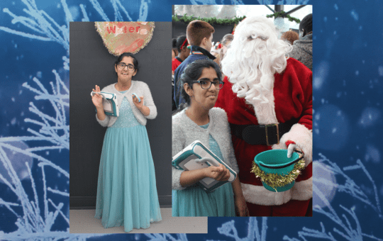CPA student in her Elsa costume with Santa at Winter Wonderland