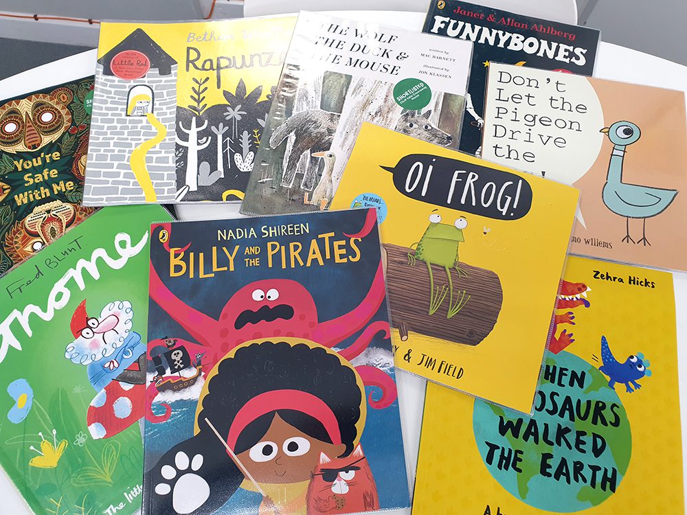 A display of library books including Billy and the Pirates and Oi Frog!