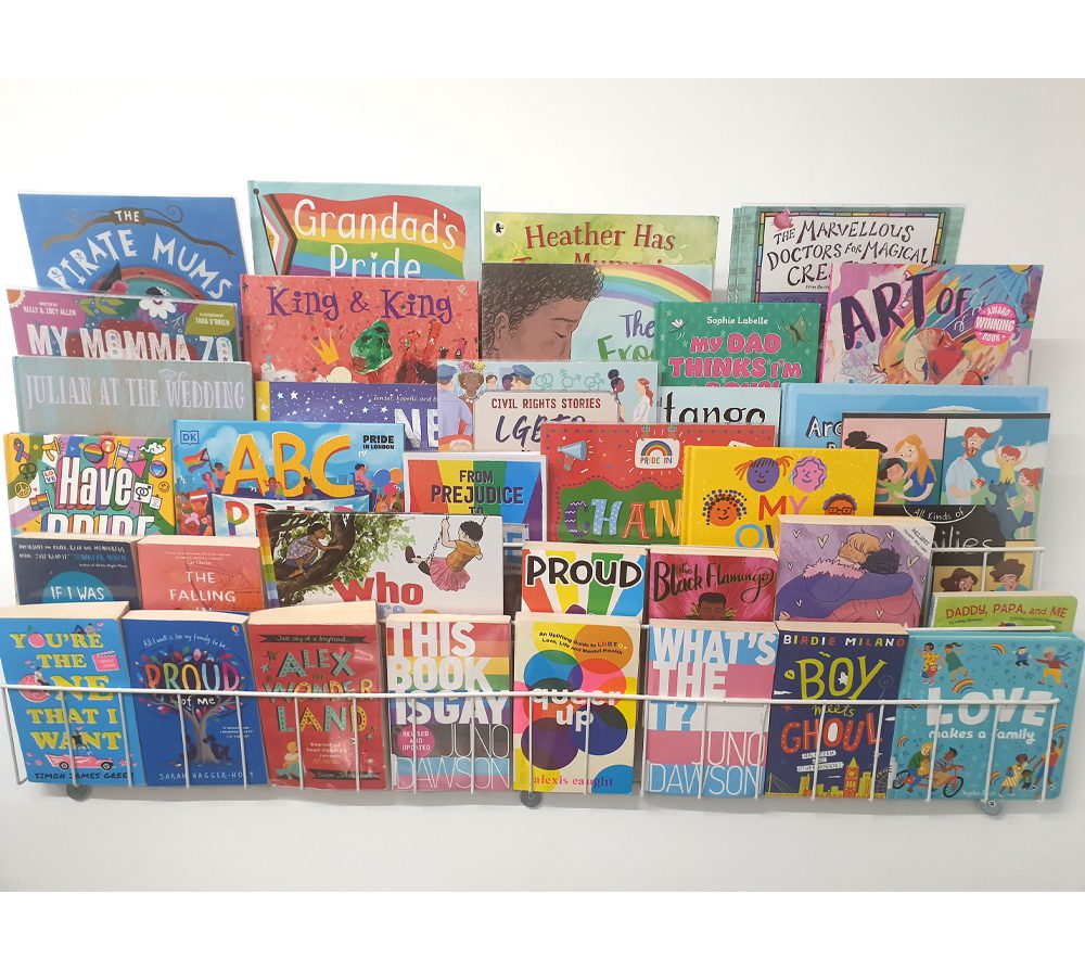 A display of books to celebrate Pride in the library