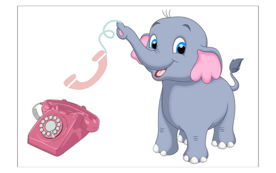 Elephant with his trunk caught in an old fashioned style telephone cord.