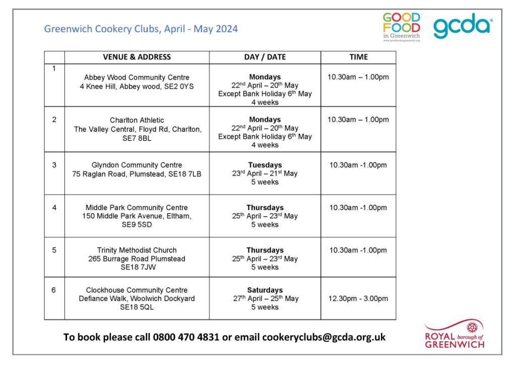 Greenwich Cookery Clubs April to May 2024