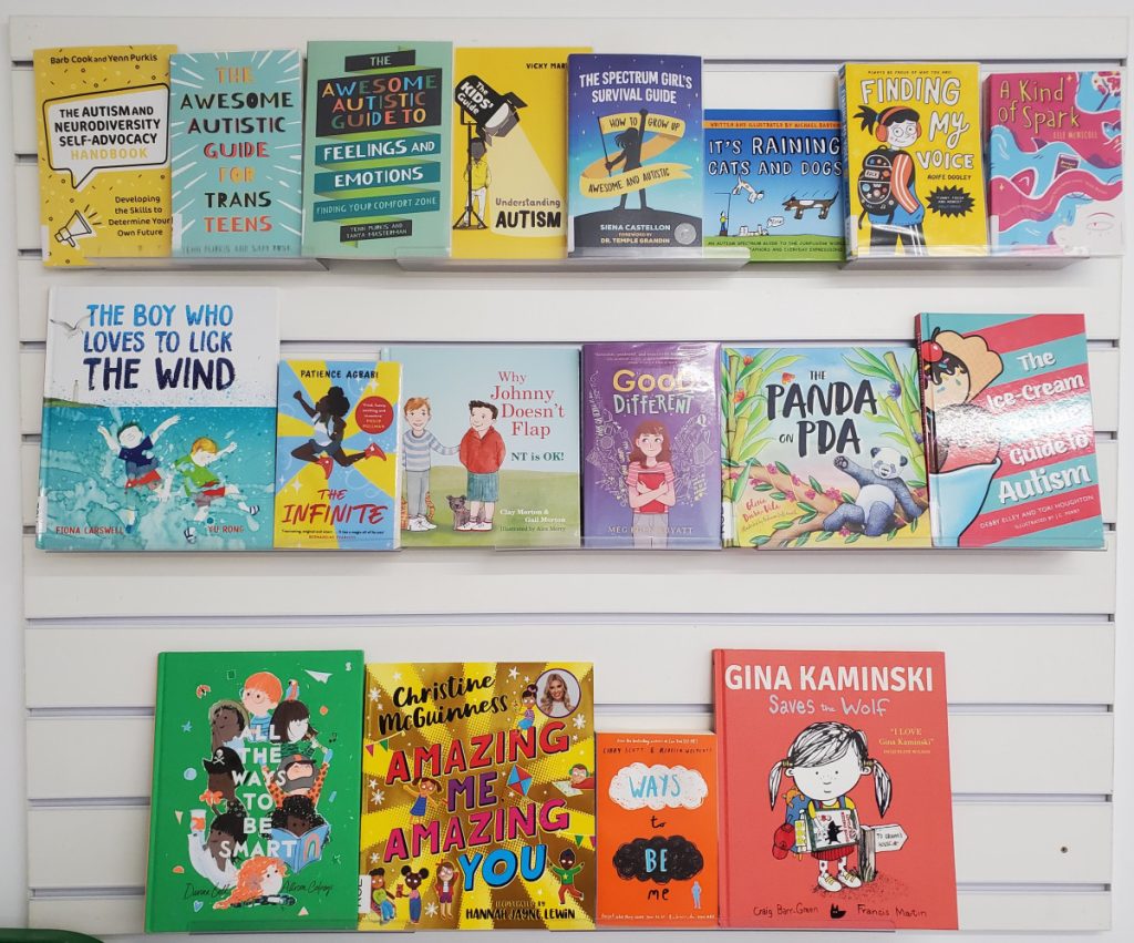 Library display featuring books on neurodiversity