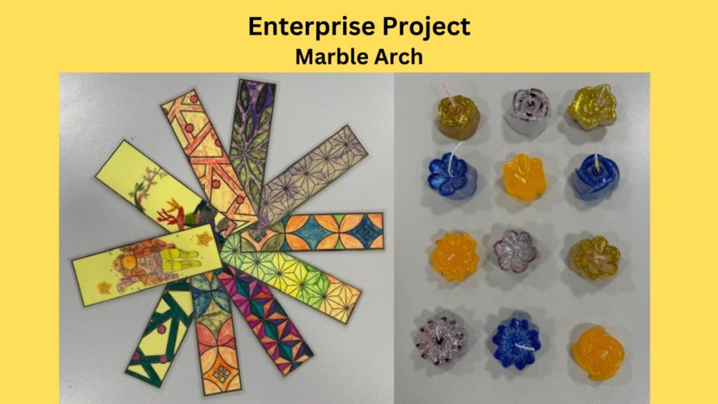 Enterprise Project bookmarks and candles made by Marble Arch class