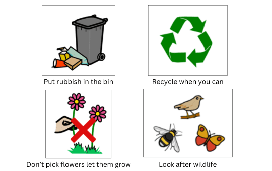 Put rubbish in the bin, recycle when you can, Don't pick flowers let them grow, Look after wildlife