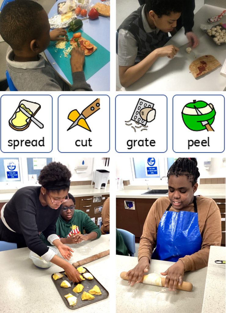 Learning useful cooking skills including spreading butter, cutting vegetables, grating cheese and peeling apples