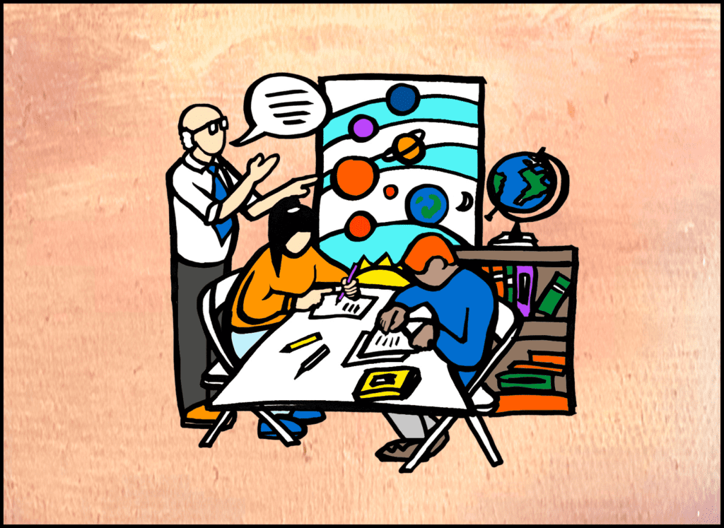 Two students sitting at a desk in a classroom with a teacher Illustration: Copyright Dr Penelope Mendonca Two students sitting at a desk in a classroom with a teacher Illustration: Copyright Dr Penelope Mendonca