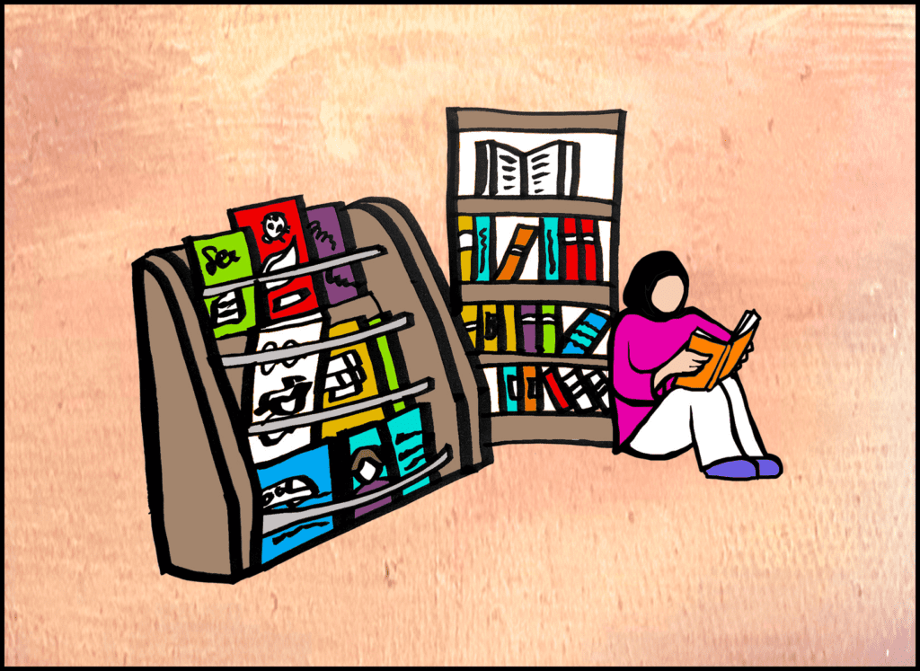 Student reading a book in the library Illustration: Copyright Dr Penelope Mendonca Student reading a book in the library Illustration: Copyright Dr Penelope Mendonca