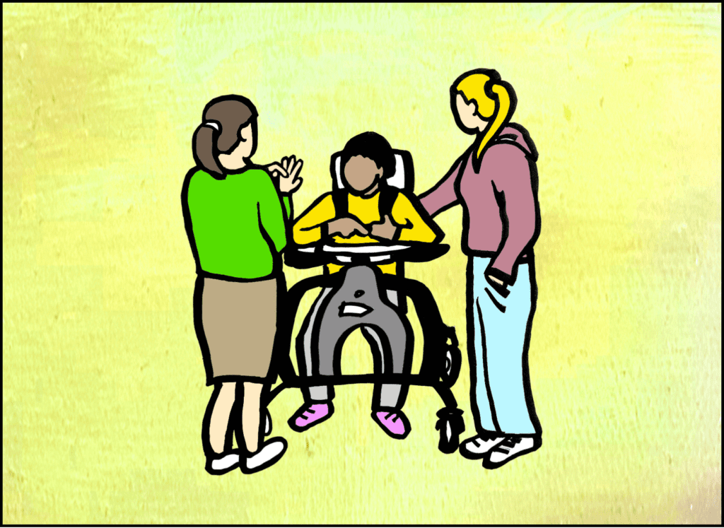Two students with a Teaching Assistant Illustration: Copyright Dr Penelope Mendonca