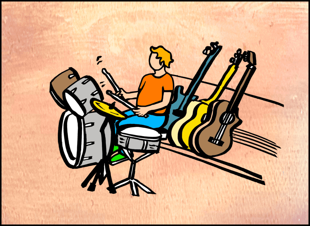 Student playing the drums in the music room Illustration: Copyright Dr Penelope Mendonca Student playing the drums in the music room Illustration: Copyright Dr Penelope Mendonca