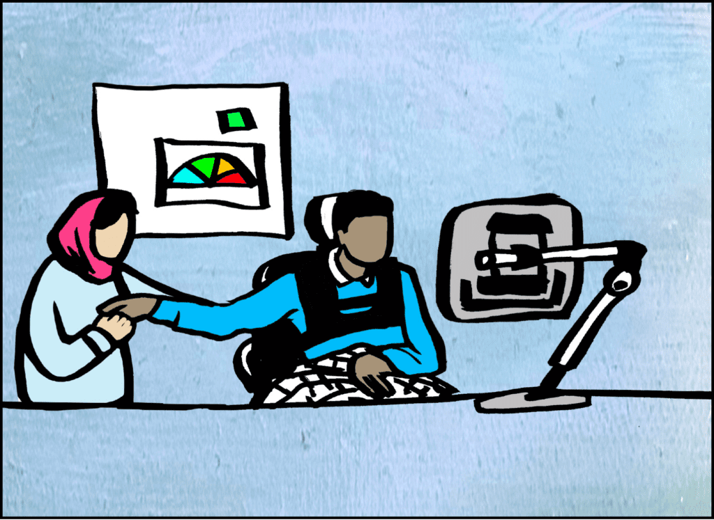Student using AAC with a Teaching Assistant Illustration: Copyright Dr Penelope Mendonca Student using AAC with a Teaching Assistant Illustration: Copyright Dr Penelope Mendonca