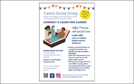 Carers Social Group Coffee Morning with Special Guest Lade Abe, Lead LD Nurse at Queen Mary's Hospital Venue: Woolwich Waves Carers Social Group Coffee Morning with Special Guest Lade Abe, Lead LD Nurse at Queen Mary's Hospital Venue: Woolwich Waves