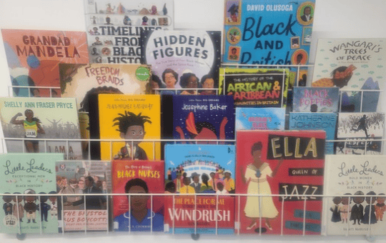 Display of books in the Charlton Park Academy library celebrating Black History Month